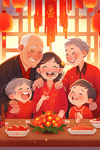 喜庆的拍照背景插画图片_新年一家人团聚祥和插画手绘