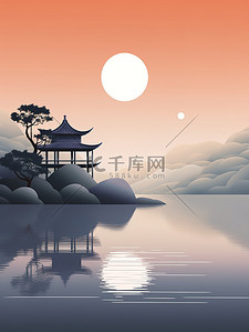 古典中国风湖泊建筑淡橙色渐变4插画插图