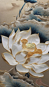 金色纹理插画图片_国风刺绣艺术苏绣白金色荷花装饰画插画素材