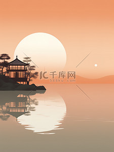 古典中国风湖泊建筑淡橙色渐变16插画插图