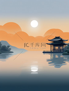 中国风建筑插图插画图片_古典中国风湖泊建筑淡橙色渐变9插画插图