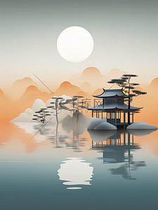 古典中国风湖泊建筑淡橙色渐变5插画插图