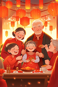 新年手绘一家人团聚祥和插画