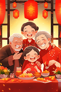 喜庆的拍照背景插画图片_新年一家人团聚祥和手绘插画
