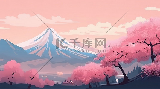 雪山脚下的樱花树3原创插画