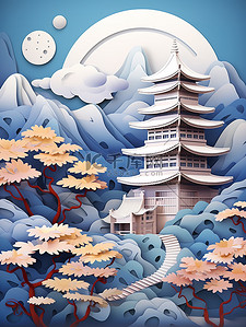中国风建筑庭院景观剪纸艺术6插画海报