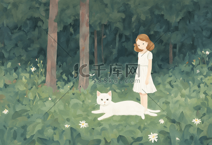 女孩猫森林休息安静小清新绿色自然风景插画设计