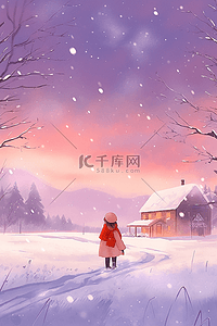 唯美雪景手绘冬天插画海报