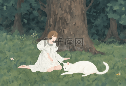 绿色安静插画图片_女孩猫森林休息安静小清新绿色自然风景插画设计