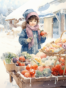 冬季热卖插画图片_冬季摆摊卖水果蔬菜的女孩插画1