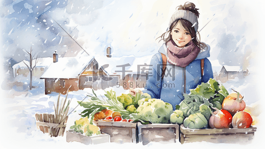 冬季热卖插画图片_冬季摆摊卖水果蔬菜的女孩插画24