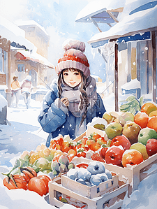 冬季摆摊卖水果蔬菜的女孩插画6