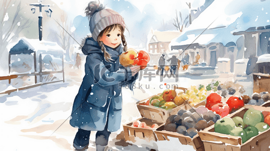冬季摆摊卖水果蔬菜的女孩插画21