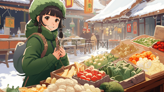 穿着绿色大衣逛菜市场的女士插画9