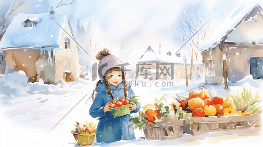摆摊插画图片_冬季摆摊卖水果蔬菜的女孩插画9