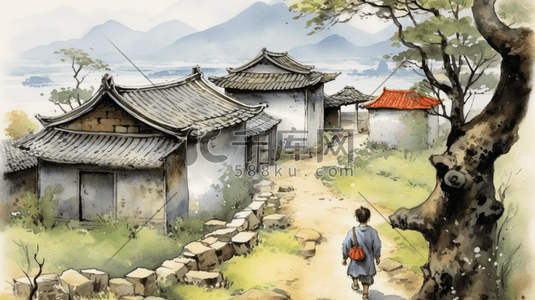 乡村水墨插画图片_中国风水墨传统建筑风景插画10