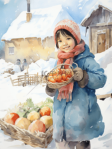 冬季摆摊卖水果蔬菜的女孩插画16