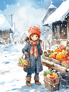 冬季热卖插画图片_冬季摆摊卖水果蔬菜的女孩插画14