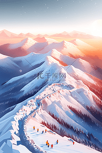 手绘冬天雪景插画连绵山峰