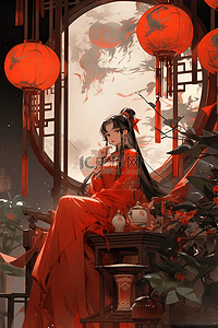 红色海报中国风插画图片_中国风女孩新年灯笼手绘插画