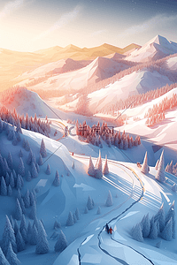 手绘冬天插画雪景连绵山峰