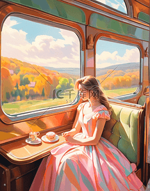 火车女孩窗外风景车厢插画唯美