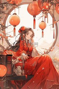 新年女孩灯笼中国风手绘插画