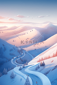 雪景连绵山峰手绘冬天插画