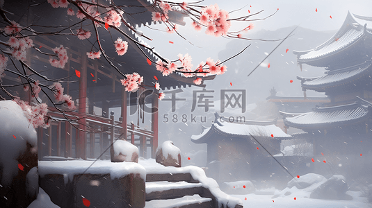 古典园林插画图片_中国古典园林雪景