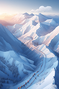 冬天手绘雪景连绵山峰插画