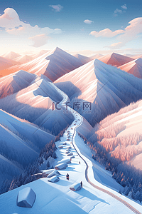 冬天雪景手绘连绵山峰插画