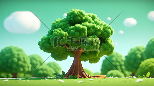 等距3d插画图片_绿色的大树3D等距微观场景3插画