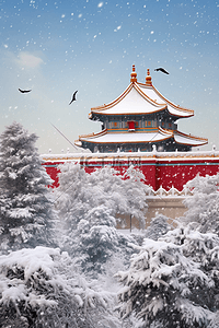 摄影图冬天雪景故宫写实松树照片原创插画