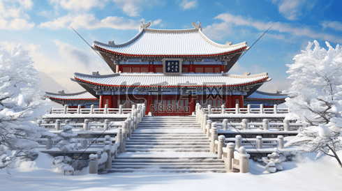 中国风冬季雪景建筑风景插画13