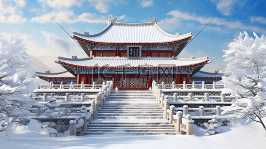 传统大雪插画图片_中国风冬季雪景建筑风景插画13