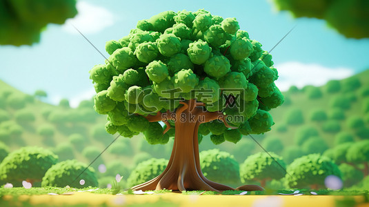 等距3d插画图片_绿色的大树3D等距微观场景6插图
