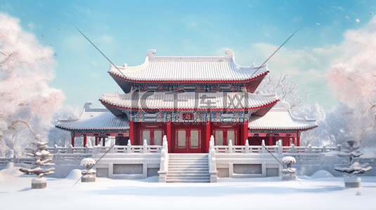 传统大雪插画图片_中国风冬季雪景建筑风景插画2