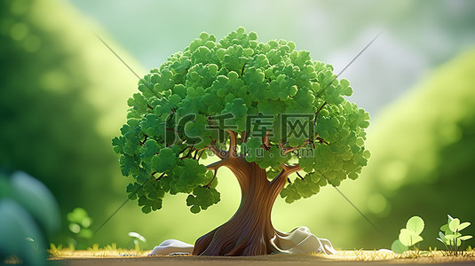 等距3d插画图片_绿色的大树3D等距微观场景2插画图片