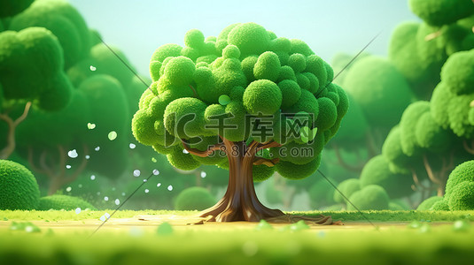 等距3d插画图片_绿色的大树3D等距微观场景18插画图片
