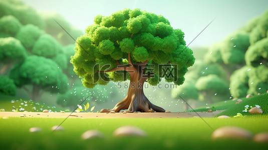 等距3d插画图片_绿色的大树3D等距微观场景4插画
