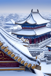 摄影图古代建筑冬天雪景插画图片