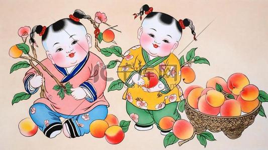仙桃丸子插画图片_传统新年民俗年画杨枊青仙桃年画娃娃图片