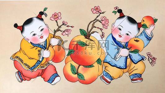 仙桃丸子插画图片_传统新年民俗年画杨枊青仙桃年画娃娃26图片