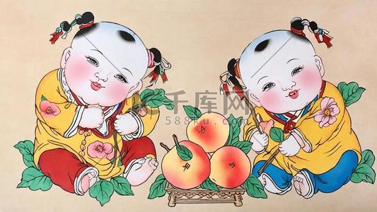 传统新年民俗年画杨枊青仙桃年画娃娃插画图片