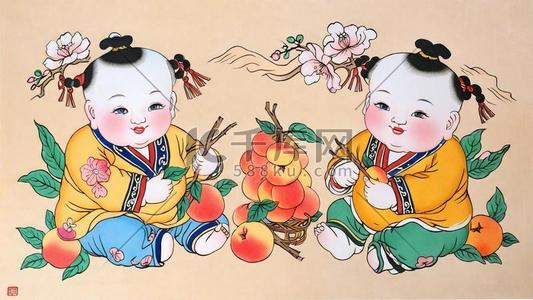 传统新年民俗年画杨枊青仙桃年画娃娃23原创插画