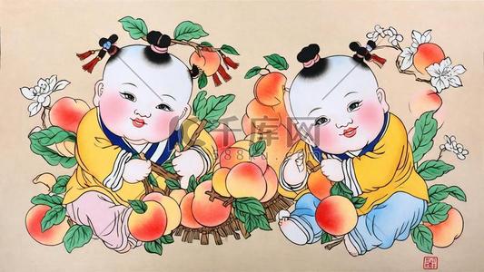 传统新年民俗年画杨枊青仙桃年画娃娃插画图片