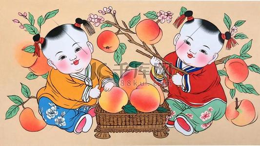 传统新年民俗年画杨枊青仙桃年画娃娃24插画
