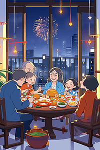 新年家人团聚插画烟花手绘海报