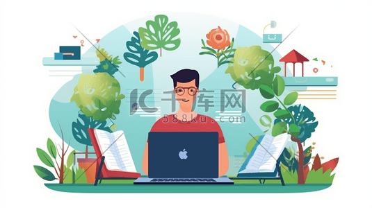 极简扁平风格男子用电脑办公工作场景插画海报