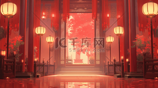 红色中国风门窗风景造型插画20